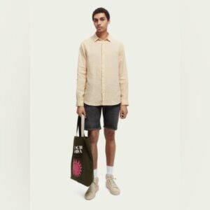 Scotch & Soda Men’s 100% Linen Classic Regular Fit Button Down in Beige, Sz S